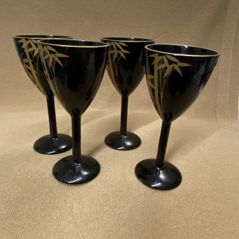 Set 4 Vtg Japan Sake Shot Bamboo Tree GoldPainted On BLACK LACQUER WOOD Stemware
